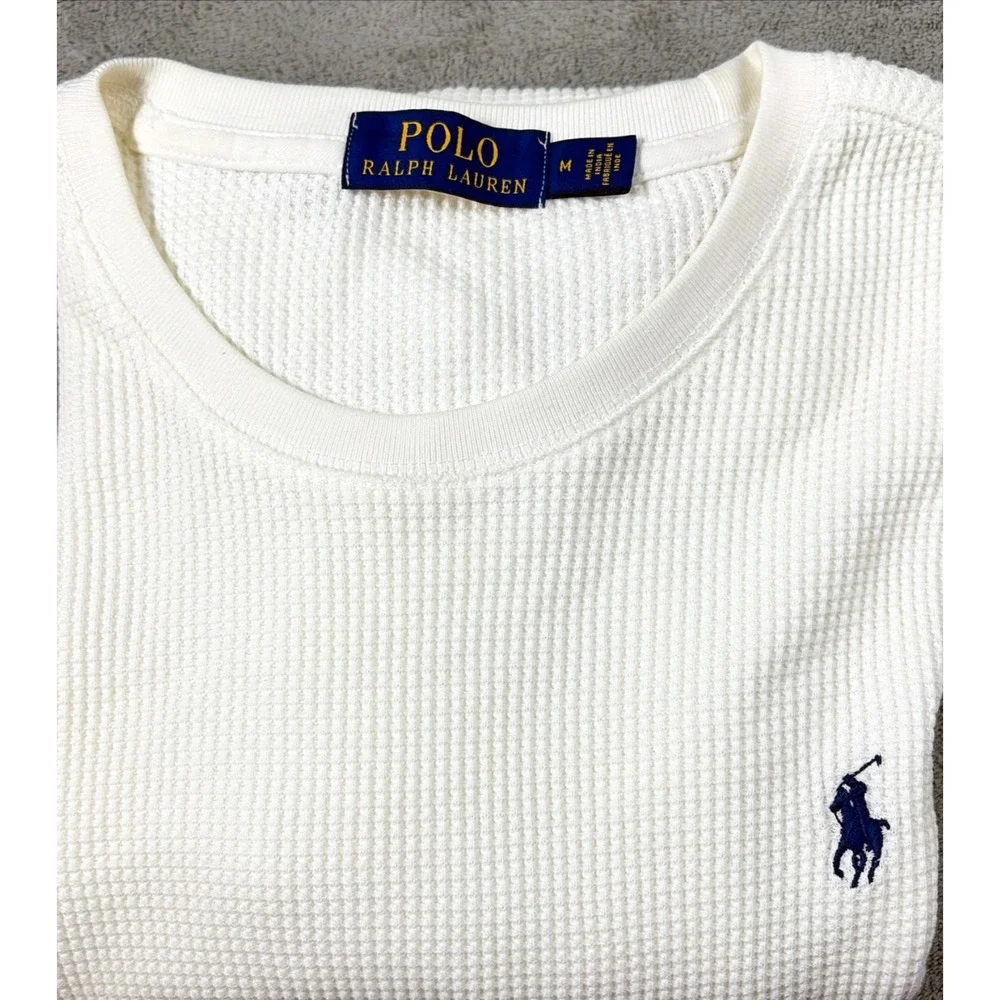 Polo Ralph Lauren Men's Sz M Long Sleeve Shirt White Thermal Waffle Knit Logo